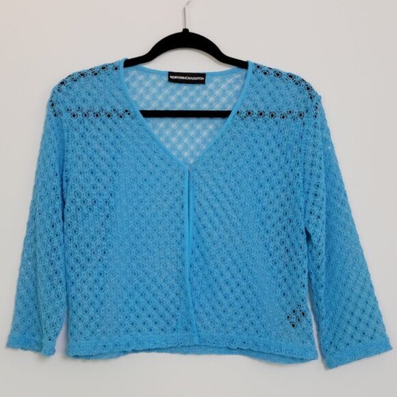 Norton McNaughton Pool Blue 3/4 Sleeve Crochet Knit Cropped Cardigan Size Medium - Picture 1 of 9